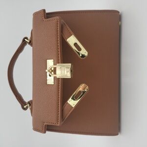 Brown PU Leather Tote Purse Satchel with Gold Hardware